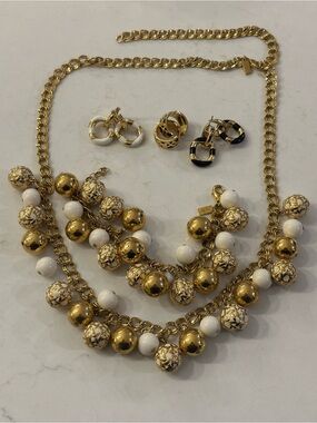 Gold and White Statement Necklace with Earrings Set